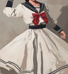  1girl absurdres black_hair black_sailor_collar bow bowtie english_commentary grey_background haru_(ririne9999rine) head_out_of_frame highres long_skirt long_sleeves looking_at_viewer original red_bow red_bowtie sailor_collar school_uniform serafuku simple_background skirt solo white_skirt 
