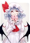  1girl absurdres ascot bangs bat_wings blue_hair bouquet collared_dress commentary dress flower frilled_shirt_collar frills hair_between_eyes hand_up hat hat_ribbon highres holding holding_bouquet katai_(nekoneko0720) long_sleeves looking_at_viewer medium_hair mob_cap open_mouth puffy_long_sleeves puffy_sleeves red_ascot red_eyes red_ribbon remilia_scarlet ribbon smile solo touhou wavy_hair white_background white_dress white_headwear wings 