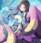  1girl black_hair choker colored_eyelashes corset florges florges_(blue) grey_eyes hair_ornament highres japanese_clothes kimono long_hair parted_lips pink_kimono pink_ribbon pokemon pokemon_(game) pokemon_xy purple_choker purple_ribbon ribbon sidelocks signature sky sleeves_past_fingers sleeves_past_wrists standing valerie_(pokemon) 