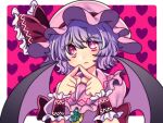  bat_wings border bow brooch collar collared_dress dress frilled_collar frills frown gem hat hat_bow jewelry looking_at_viewer mob_cap outside_border pink_dress pink_hair pink_headwear red_bow red_eyes remilia_scarlet short_hair steepled_fingers touhou tsugomori_(remilia0398) white_border wings wrist_cuffs 