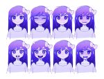  +_+ 1girl :&gt; angry aubrey_(omori) blush bow bright_pupils closed_mouth collarbone colored_skin crying expressions hair_bow happy highres kbs_omo long_hair looking_at_viewer omori open_mouth purple_hair smile violet_eyes white_pupils white_skin 
