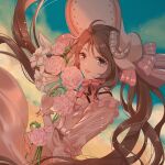  1girl :d ahoge ambience_synesthesia arknights bangs blue_sky bonnet bow brown_hair clouds commentary_request copper_(copper038) day dress eyjafjalla_(arknights) flower gloves grey_eyes hair_between_eyes long_hair looking_at_viewer official_alternate_costume outdoors pink_bow pink_flower pink_rose puffy_short_sleeves puffy_sleeves rose short_sleeves sky smile solo striped striped_bow twintails very_long_hair white_dress white_flower white_gloves white_headwear 