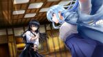  2girls black_hair blue_eyes blue_hair breasts copyright dolphin_wave hagane_otsuki highres indoors japanese_clothes large_breasts long_hair looking_at_another multiple_girls nayuki_hiori official_art red_eyes 