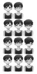  1boy angry bags_under_eyes black_eyes black_hair blush closed_mouth collarbone colored_skin expressionless expressions highres kbs_omo looking_at_viewer omori omori_(omori) open_mouth saliva shaded_face short_hair simple_background smile tank_top white_background white_skin 