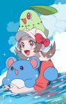  1girl :d blush_stickers bow brown_eyes brown_hair cabbie_hat chikorita clouds commentary day happy hat hat_bow highres holding holding_pokemon long_hair lyra_(pokemon) marill momotose_(hzuu_xh4) on_head open_mouth outdoors pokemon pokemon_(creature) pokemon_(game) pokemon_hgss pokemon_on_head red_bow red_shirt shirt sky smile sparkle symbol-only_commentary tongue twintails water white_headwear 