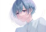  1boy angel_wings buttons closed_mouth ear_piercing earrings fake_wings halo jewelry long_sleeves male_focus mono_palette. piercing purple_hair s_poi_l shirt short_hair smile solo utaite_(singer) violet_eyes white_background white_shirt wings yukimi_(utaite) 
