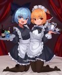  2girls :d :q absurdres alternate_costume apron bed black_dress blonde_hair blue_bow blue_eyes blue_hair bottle bow cirno closed_mouth cup curtains dress drinking_glass from_side full_body hair_bow hair_ribbon highres holding holding_tray indoors kneeling looking_at_viewer maid maid_headdress multiple_girls open_mouth pantyhose qwas69 red_eyes red_ribbon ribbon rumia smile teacup teapot tongue tongue_out touhou tray white_apron wine_bottle 