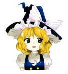  1girl bangs black_headwear black_vest blonde_hair blue_headwear blue_vest bow buttons crescent crescent_pin frills grey_shirt hair_between_eyes hat hat_bow highres jill_07km kirisame_marisa legacy_of_lunatic_kingdom looking_to_the_side open_mouth puffy_short_sleeves puffy_sleeves shirt short_hair short_sleeves simple_background solo touhou upper_body vest white_background white_bow witch_hat yellow_eyes zun_(style) 