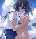  1girl bandaid bandaid_on_knee bandaid_on_leg bare_arms bare_legs black_hair blue_eyes blue_sailor_collar blue_skirt blurry blurry_background bottle clouds collared_shirt crying crying_with_eyes_open day hair_between_eyes highres long_hair miniskirt original outdoors parted_lips sailor_collar sailor_shirt shiny shiny_hair shirt short_sleeves sitting skirt solo tears towel towel_around_neck u35 water_bottle white_shirt 