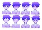  1boy blush bright_pupils closed_eyes closed_mouth collarbone expressions facing_viewer grin hero_(omori) highres kbs_omo looking_at_viewer omori pajamas parted_lips purple_hair scared short_hair smile teeth violet_eyes white_pupils 