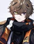  1boy absurdres alban_knox animal_ears black_eyes brown_hair closed_mouth earrings fake_animal_ears grey_background hair_ornament hairclip heterochromia highres jacket jewelry long_sleeves looking_at_viewer male_focus nijisanji nijisanji_en s_poi_l short_hair solo virtual_youtuber yellow_eyes 