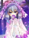  1girl bangs blue_eyes covering_mouth curly_hair flower gloves grey_hair holding holding_flower long_hair looking_at_viewer melia_antiqua purple_flower solo twitter_username upper_body uruha_(yw1109) white_gloves xenoblade_chronicles_(series) xenoblade_chronicles_1 