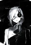  1boy absurdres black_background copyright_name greyscale highres light_bulb long_hair looking_at_viewer low_ponytail male_focus monochrome monocle nijisanji omori open_mouth s_poi_l shellin_burgundy side_ponytail solo translation_request virtual_youtuber 