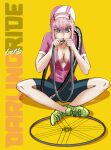  albyee bicycle d_vehicle darling_in_the_franxx flat_tire green_eyes ground_vehicle highres non-web_source pink_hair pixiv tire zero_two_(darling_in_the_franxx) 
