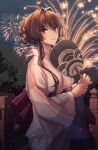  1girl aerial_fireworks blush brown_eyes brown_hair commentary fireworks flower hair_between_eyes hair_flower hair_ornament hand_fan highres japanese_clothes kantai_collection kasumi_(skchkko) kimono long_hair long_sleeves obi paper_fan pink_flower sash smile solo summer_festival uchiwa wide_sleeves yamato_(kancolle) 