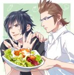  2boys artist_name black_hair black_shirt blue_eyes bowl brown_eyes brown_hair collared_shirt final_fantasy final_fantasy_xv food glasses green_background hair_between_eyes hand_on_another&#039;s_shoulder hands_up hinoe_(dd_works) holding holding_bowl ignis_scientia lettuce looking_at_another looking_to_the_side male_focus multiple_boys noctis_lucis_caelum salad salad_bowl shirt short_hair short_sleeves sideburns sweatdrop upper_body vegetable white_shirt 