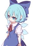  1girl absurdres blue_bow blue_dress blue_eyes blue_hair bow cirno collared_shirt dress fairy_wings flat_chest hair_bow highres ice ice_wings kame_(kamepan44231) long_dress neck_ribbon pinafore_dress puffy_short_sleeves puffy_sleeves red_ribbon ribbon shirt short_hair short_sleeves simple_background solo touhou white_background white_shirt wings 