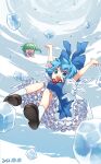 2girls blue_bow blue_dress blue_eyes blue_hair blue_sky bow circled_9 cirno cirno_day clouds cloudy_sky daiyousei dress fairy fairy_wings frilled_skirt frills green_hair hair_bow highres ice ice_cube ice_wings mary_janes multiple_girls neck_ribbon open_mouth outdoors ponytail puffy_short_sleeves puffy_sleeves red_ribbon ribbon shirt shoes short_hair short_sleeves side_ponytail skirt sky socks touhou white_shirt wings yellow_bow yui_(daijun)
