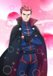  1boy belt black_belt black_cape blue_jacket blue_pants cape closed_mouth commentary_request crossed_arms highres jacket lance_(pokemon) looking_at_viewer male_focus matsukaze_mattya pants pokemon pokemon_(game) pokemon_hgss redhead short_hair smile solo spiky_hair twitter_username 