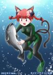  1girl :d ? air_bubble alternate_costume animal_ears bangs black_bow bow braid bubble cat_ears cat_tail diving fang fish freediving hair_bow kaenbyou_rin kousei_(public_planet) multiple_tails nekomata red_eyes redhead smile solo submerged swimming tail touhou twin_braids two_tails underwater 