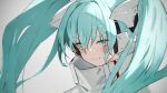  1girl aqua_eyes aqua_hair bangs blush closed_mouth commentary english_commentary goodsmile_racing grey_background hair_over_one_eye hatsune_miku highres long_bangs long_hair looking_away looking_down neco portrait racing_miku racing_miku_(2022) simple_background solo twintails vocaloid 