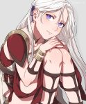  1girl alternate_costume bangs bracelet closed_mouth collarbone commentary dress edelgard_von_hresvelg feet_out_of_frame fire_emblem fire_emblem:_three_houses grey_background hair_ribbon hands_on_own_knees highres jewelry knees_together_feet_apart long_hair looking_at_viewer neck_ring own_hands_together parted_bangs peach11_01 purple_ribbon red_dress ribbon shadow simple_background sitting sleeveless sleeveless_dress smile solo straight_hair twitter_username violet_eyes white_hair 