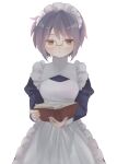  1girl apron bangs book brown_eyes closed_mouth expressionless glasses hakodao081049 highres holding holding_book long_sleeves maid maid_apron nagato_yuki puffy_long_sleeves puffy_sleeves reading short_hair simple_background solo suzumiya_haruhi_no_yuuutsu violet_eyes white_apron white_background 