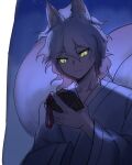  1boy absurdres alternate_costume animal_ears bangs closed_mouth commentary_request danganronpa_(series) danganronpa_2:_goodbye_despair fox_boy fox_ears fox_tail glowing glowing_eyes highres holding japanese_clothes kimono komaeda_nagito long_sleeves looking_at_object male_focus night smile solo tail wide_sleeves ziling 