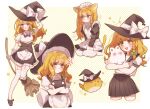  1girl :d :t absurdres anger_vein animal_ears animal_hands animal_hug apron back_bow bandaid bandaid_on_face black_bow black_bowtie black_dress black_footwear black_headwear black_sailor_collar black_skirt black_vest blonde_hair blush bow bowtie braid broom cat_ears cat_tail closed_mouth collared_shirt commentary corset creature crossed_arms dress fang footwear_bow frilled_skirt frills garter_straps gloves green_bow hair_bow hand_on_headwear hat hat_bow highres holding holding_broom iwakoo kemonomimi_mode kirisame_marisa long_hair looking_at_viewer maid_apron maid_headdress multiple_views open_mouth pantyhose paw_gloves paw_print pleated_skirt pout puffy_short_sleeves puffy_sleeves sailor_collar school_uniform shirt shoes short_sleeves single_braid skirt skirt_set smile star_(symbol) sukusuku_hakutaku tail teeth thigh-highs touhou upper_teeth vest waist_apron white_apron white_bow white_gloves white_pantyhose white_shirt white_thighhighs witch_hat yellow_eyes 