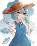  1girl :q bangs blue_dress blue_eyes blue_hair blush bow breasts cirno closed_mouth collared_shirt cowboy_shot dress fairy_wings food hair_between_eyes hat hat_bow highres ice ice_wings light_blue_hair long_dress looking_at_viewer neck_ribbon pinafore_dress popsicle puffy_short_sleeves puffy_sleeves red_bow red_ribbon ribbon shirt short_hair short_sleeves small_breasts smile solo straw_hat tongue tongue_out touhou v wavy_hair white_shirt wings yuko_(e1033528183) 