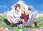  2boys arm_ribbon artist_name bare_a belt black_footwear black_hair black_pantyhose black_ribbon blonde_hair blue_eyes blue_sky boots brown_footwear clouds collarbone field final_fantasy final_fantasy_xv flower flower_field full_body grey_pants hair_between_eyes hinoe_(dd_works) indian_style jewelry looking_at_phone male_focus multiple_boys necklace noctis_lucis_caelum open_mouth outdoors pants pantyhose phone prompto_argentum red_shirt ribbon rock selfie shirt short_hair sitting sky smile spiky_hair t-shirt taking_picture tank_top white_belt white_shirt 
