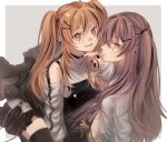  2girls ahoge boots brown_eyes brown_hair clothing_cutout earrings girls_frontline grey_hair hair_ornament hairclip high_heel_boots high_heels jewelry long_hair miniskirt multiple_girls nail_polish one_side_up rabb_horn scar scar_across_eye scar_on_face shoulder_cutout skirt thigh-highs twintails ump45_(girls&#039;_frontline) ump9_(girls&#039;_frontline) 