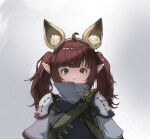  1girl ahoge animal_ear_fluff animal_ears armor avatar_(ff14) blue_eyes brown_hair covered_mouth eyelashes fake_animal_ears final_fantasy final_fantasy_xiv food211 grey_background heterochromia highres lalafell long_hair looking_at_viewer pauldrons pointy_ears shiny shiny_hair shoulder_armor solo twintails upper_body yellow_eyes 