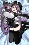  1girl absurdres alternate_costume azur_lane bangs black_footwear black_headwear black_shorts boots breasts commission fang floating_hair high-waist_shorts highres houden_eizou large_breasts long_hair one_side_up open_mouth pamiat_merkuria_(azur_lane) shorts shrug_(clothing) skeb_commission skin_fang smile solo thigh-highs thigh_boots very_long_hair violet_eyes 