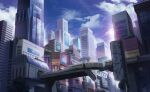 blue_sky building city cityscape clouds commentary_request day ground_vehicle highres kuroneko_(hmilk) no_humans original outdoors reflection ruins scenery sky skyscraper train wreckage 