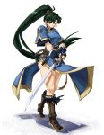  1girl angry belt blue_dress boots brown_footwear chinese_clothes dress fighting_stance fingerless_gloves gloves green_eyes green_hair highres holding holding_sword holding_weapon long_hair lyn_(fire_emblem) mani_katti_(fire_emblem) pelvic_curtain ponytail shino_(2919) short_sleeves side_slit simple_background solo sword thick_thighs thighs weapon white_background 
