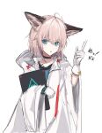  1girl :o ahoge animal_ear_fluff animal_ears arknights bangs black_choker blue_eyes blue_shirt choker collarbone commentary_request gloves hair_between_eyes hand_up highres index_finger_raised jacket kote_menn long_sleeves looking_at_viewer oripathy_lesion_(arknights) parted_lips pink_hair shirt simple_background solo sussurro_(arknights) translation_request white_background white_gloves white_jacket wide_sleeves 