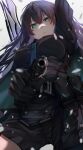  1girl absurdres aqua_eyes black_gloves black_hair black_jacket character_request closed_mouth commentary_request counter:side genderswap genderswap_(mtf) gloves grey_background gun handgun highres holding holding_gun holding_weapon jacket long_hair looking_at_viewer solo tktk-tnk weapon 