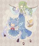  2girls adapted_costume argyle argyle_background black_footwear blue_bow blue_dress blue_hair blue_skirt blush bow cirno closed_eyes closed_mouth collared_shirt daiyousei detached_wings dress fairy fairy_wings full_body green_eyes green_hair hair_between_eyes hair_bow highres ice ice_wings long_hair multiple_girls nikorashi-ka open_mouth pointy_ears shirt shoes short_hair short_sleeves side_ponytail skirt smile teeth touhou upper_teeth white_shirt wings 