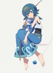 1girl barefoot blue_eyes blue_hair blue_pants blue_sailor_collar blush bright_pupils capri_pants closed_mouth commentary_request dive_ball fishing_rod hairband highres holding holding_fishing_rod lana_(pokemon) looking_at_viewer no_sclera okken one-piece_swimsuit pants pokemon pokemon_(game) pokemon_sm popplio sailor_collar shirt short_hair sleeveless sleeveless_shirt smile swimsuit swimsuit_under_clothes toes wave_print white_background white_pupils white_shirt yellow_hairband 