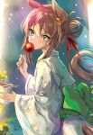  1girl absurdres animal_ears back_bow bangs bow candy_apple chopsticks fine_motion_(umamusume) floral_print food from_side green_bow green_eyes hair_between_eyes hair_bun hand_up highres holding holding_food horse_ears horse_girl japanese_clothes kimono long_sleeves looking_at_viewer looking_to_the_side multicolored_hair print_kimono ramen solo two-tone_hair umamusume uu-tan_(hushigi10) white_kimono wide_sleeves yukata 