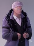  1boy alternate_costume closed_mouth coat collarbone dark-skinned_male dark_skin dated english_commentary fur_trim grey_background grey_eyes grey_hair highres krizalid long_sleeves looking_at_viewer male_focus purple_coat scar scar_across_eye shirt short_hair signature simple_background solo tanzong830 the_king_of_fighters white_shirt 