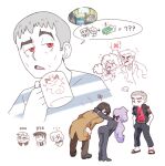  ... 1girl 2boys anabel_(pokemon) black_hair blush bowing coffee_mug cup embarrassed grey_hair hands_in_pockets long_hair looker_(pokemon) mature_male meowth mug multiple_boys pokemon pokemon_(game) pokemon_sm purple_hair red_eyes sandals speech_bubble trench_coat vergolophus violet_eyes 