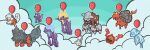  above_clouds balloon closed_mouth clouds commentary_request debudebumetabo fangs fangs_out floating heatran hisuian_arcanine hisuian_growlithe magcargo nihilego no_humans outdoors pokemon pokemon_(creature) rotom rotom_(heat) smile togedemaru toxel toxtricity toxtricity_(amped) toxtricity_(low_key) 