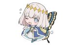  1boy ;d arthropod_boy bangs blue_cloak blue_eyes blue_footwear blush blush_stickers butterfly_wings chibi cloak commentary_request crown diamond_hairband fate/grand_order fate_(series) full_body fur-trimmed_cloak fur_trim gold_trim grey_hair highres insect_wings long_sleeves male_focus medium_hair multicolored_wings oberon_(fate) one_eye_closed open_mouth oyasumi_dm puffy_sleeves simple_background smile solo tassel white_background white_hair wings 