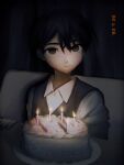  1boy birthday_cake black_eyes black_hair black_sweater cake closed_mouth collared_shirt expressionless food highres indoors kbs_omo looking_at_viewer omori shirt short_sleeves sitting solo sunny_(omori) sweater upper_body white_shirt 