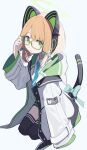  1girl adjusting_eyewear animal_ear_headphones animal_ears bangs blonde_hair blue_archive blue_necktie bow cat_ear_headphones cat_tail closed_mouth collared_shirt commentary_request fake_animal_ears feet_out_of_frame glasses green_eyes hair_bow halo headphones highres hood hooded_jacket jacket looking_at_viewer looking_to_the_side midori_(blue_archive) multicolored_clothes multicolored_jacket necktie open_clothes open_jacket papaia_(quentingqoo) parted_bangs shirt simple_background solo tail thigh-highs wide_sleeves 