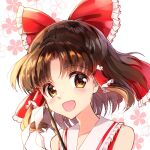  1girl bangs bare_shoulders bow brown_hair collared_vest commentary_request frilled_bow frilled_hair_tubes frilled_shirt_collar frills gohei hair_bow hair_tubes hakurei_reimu happy head_tilt highres looking_at_viewer medium_hair mikan_(user_zsyg8485) nontraditional_miko open_mouth parted_bangs red_bow red_vest sidelocks solo touhou vest 