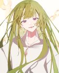  1other :d androgynous bangs chain commentary_request enkidu_(fate) fate/grand_order fate_(series) green_hair highres kingu_(fate) long_hair long_sleeves looking_at_viewer nonno_phi open_mouth robe simple_background smile solo upper_body very_long_hair violet_eyes white_background white_robe 