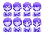  1boy angry blush bright_pupils closed_eyes closed_mouth collarbone colored_skin crying crying_with_eyes_open expressions facing_viewer grin highres kbs_omo kel_(omori) looking_at_viewer omori parted_lips pout pouty_lips purple_hair sad short_hair simple_background smile tears teeth violet_eyes white_background white_pupils white_skin 